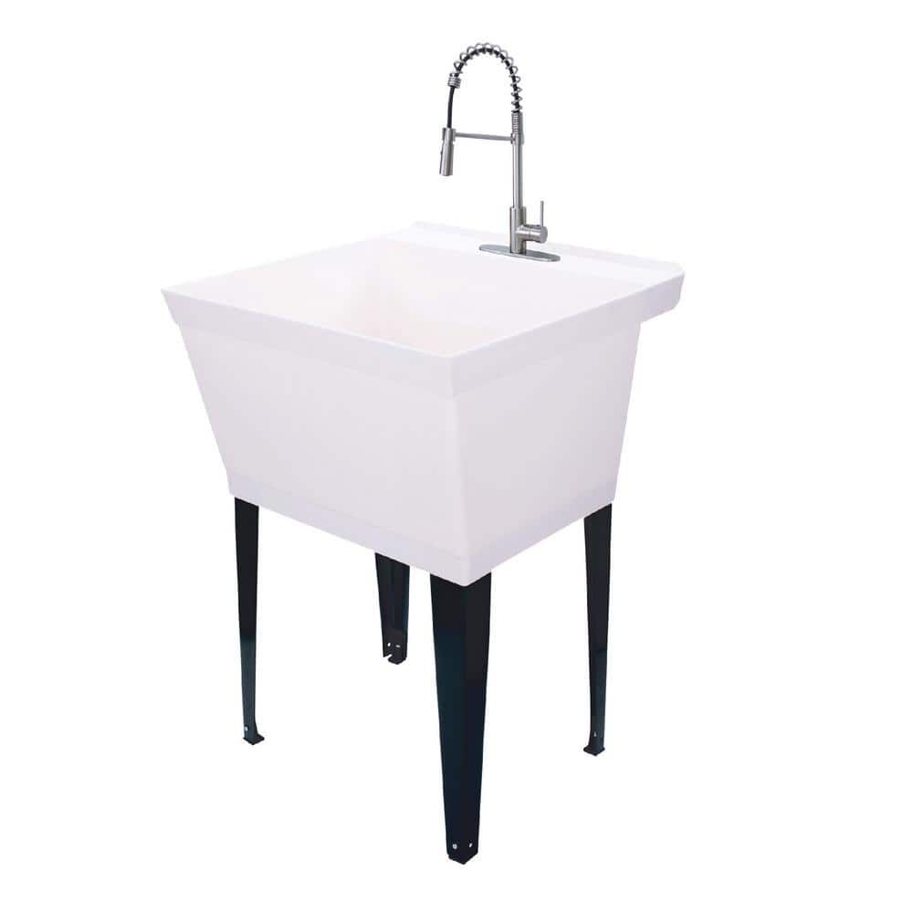 UTILITYSINKS Plastic 30 Inches Freestanding Utility Tub Sink with Heavy  Duty Stainless Steel Pull Faucet for Garage, Laundry Room, and Garden, White