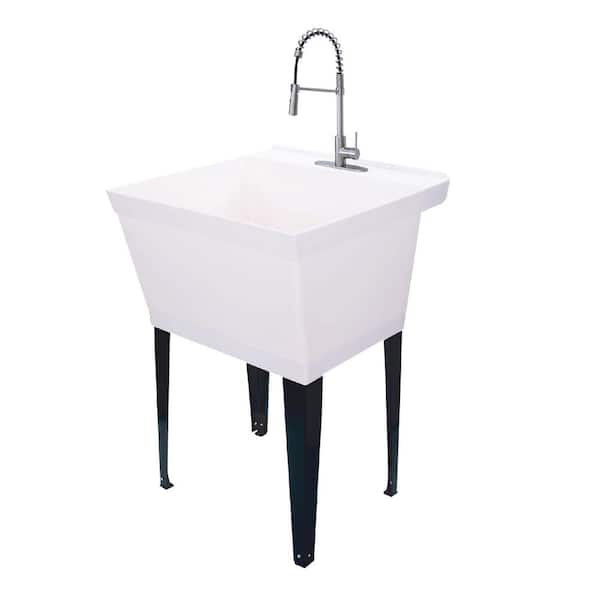 TEHILA 22.875 in. x 23.5 in. White 19 Gallon Thermoplastic Utility Sink Set with High-Arc Stainless Steel Coil Pull-Down Faucet