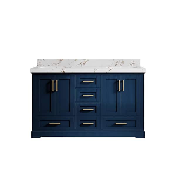 Willow Collections Boston 60 in. Double Sink Freestanding Navy Blue Bath Vanity with Viola Brown Qt. Top Unassembled