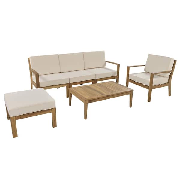 Runesay 6-Piece Acacia Wood Frame Patio Outdoor Conversation Sectional Sofa Set with Coffee Table and Removable Beige Cushion