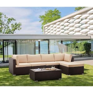 Brown 6-Piece Wicker Outdoor Sectional Set with Beige Cushions and Coffee Table