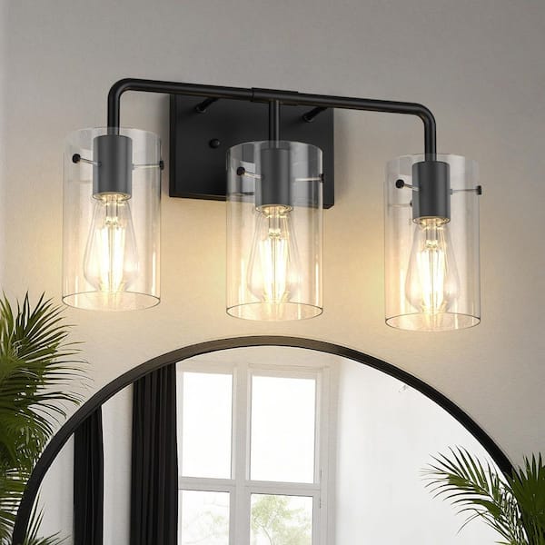 18 in. Industrial 3-Light Matte Black Farmhouse Vanity Light with Glass Shades for Bathroom