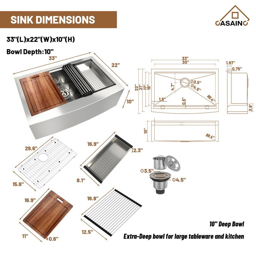 33" Brushed Stainless Steel Farmhouse Workstation Kitchen Sink