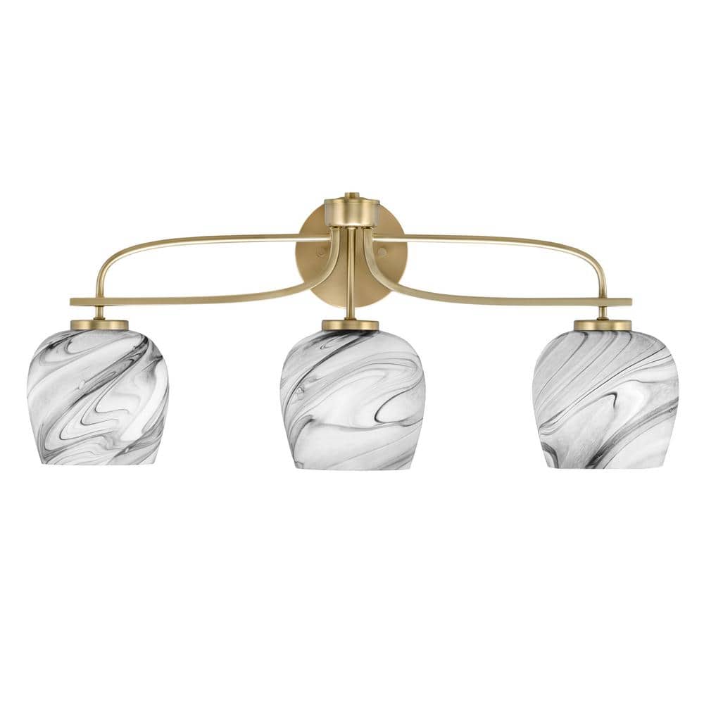 Olympia 27.5 in. 3-Light New Age Brass Vanity Light Onyx Swirl Glass Shade