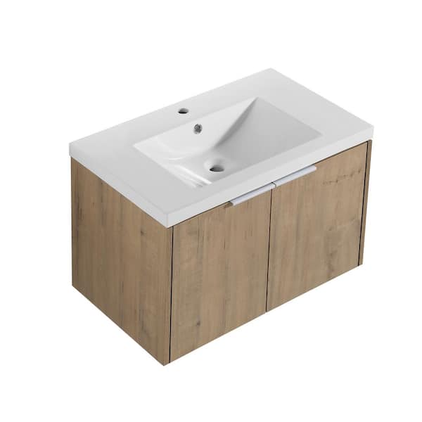 29.50 in. W x 18.12 in. D x 19.25 in. H Floating Wall-Mounted Bath Vanity in Imitative Oak with White Resin Top
