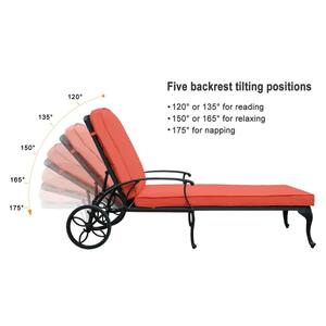 Black Cast Aluminium Frame Outdoor Chaise Lounger Chair Recliner with Red Cushion for Pool, Balcony (1-Pack)