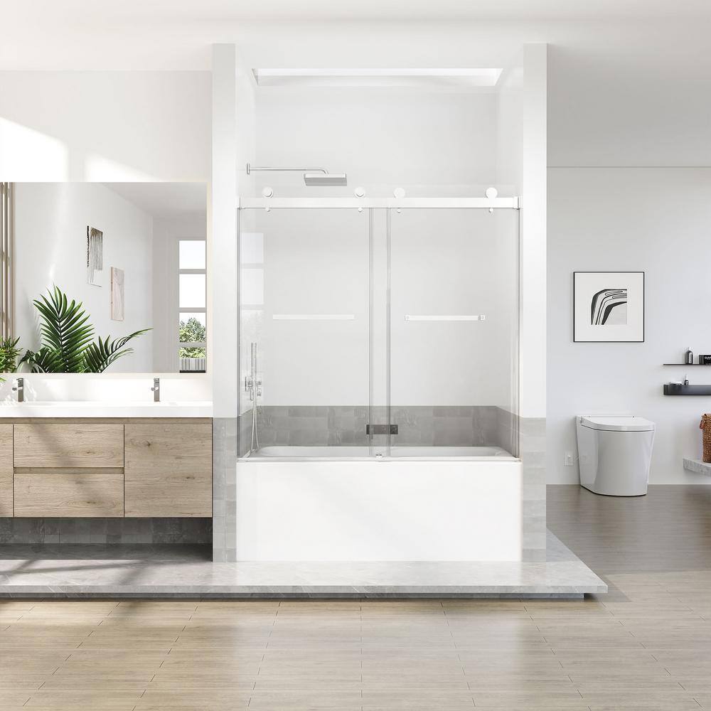 60" Chrome Frameless Sliding Bathtub Door with Clear Tempered Glass