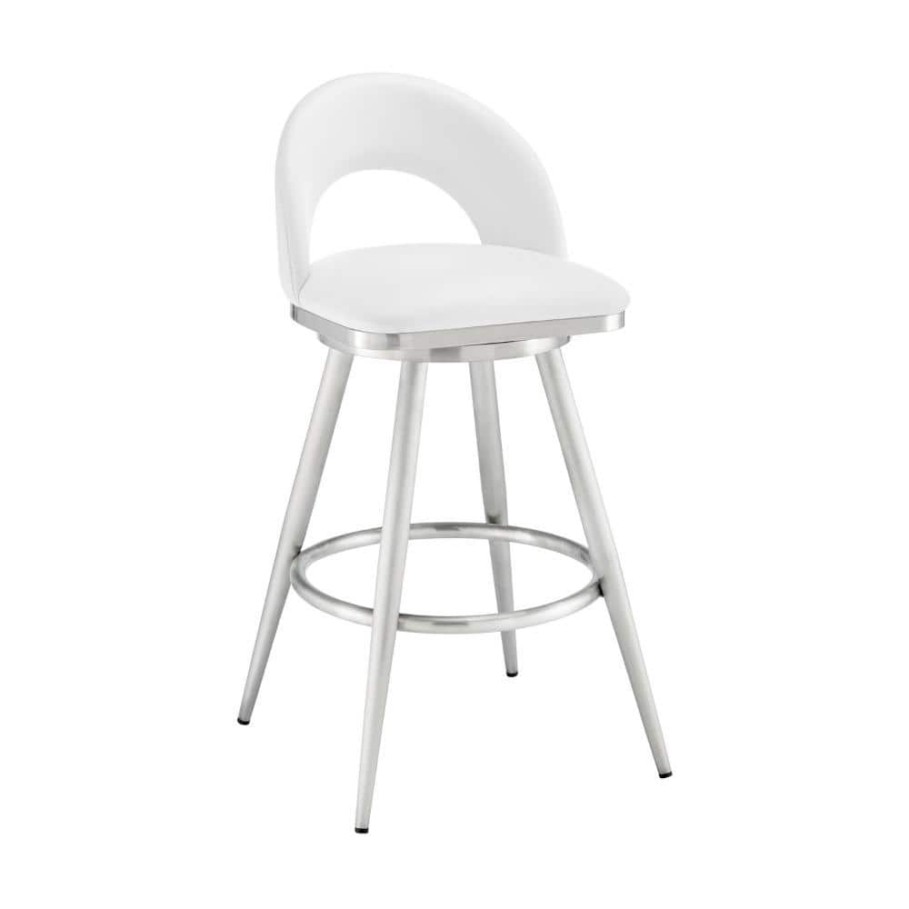 Benjara 29 in. White and Chrome Low Back Metal Frame Counter Stool with ...