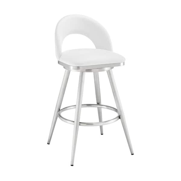 Benjara 29 in. White and Chrome Low Back Metal Frame Counter Stool with Faux Leather Seat