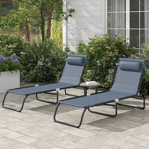 Unbranded Gray 2-Piece Metal Outdoor Folding Chaise Lounge, Patio Reclining Chairs Lounge Chairs with 4-Position Reclining Back