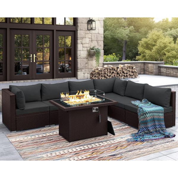 Unbranded High Back Brown 7-Piece Wicker Patio Conversation Sectional Deep Seating Set with Fire Pit Table and Dark Gray Cushions