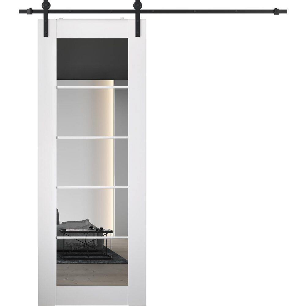 Smart Pro 5 Lite 36 in. x 96 in. 5-Lite Mirrored Glass Polar White Wood Composite Sliding Barn Door with Hardware Kit price history on PriceWatchPro