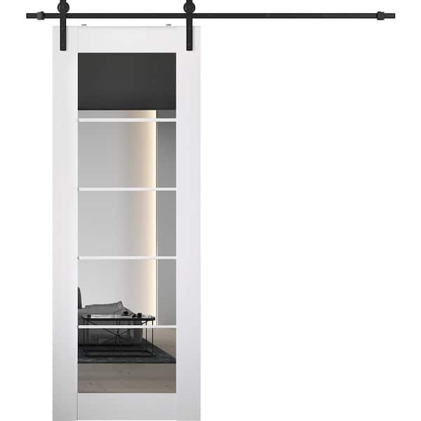 Smart Pro 5 Lite 36 in. x 96 in. 5-Lite Mirrored Glass Polar White Wood Composite Sliding Barn Door with Hardware Kit