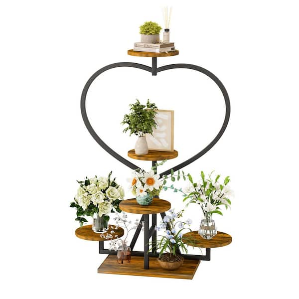 6-Tiered Indoor Black Metal Plant Stand Flower Pot Holder with Brown Wooden Display Shelves (18 in. H W x 41 in. H)