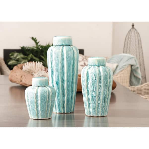 Titan Lighting Ripples 16 in., 12 in. and 8 in. Ceramic in Seaspray Finish Decorative Jars (Set of 3)