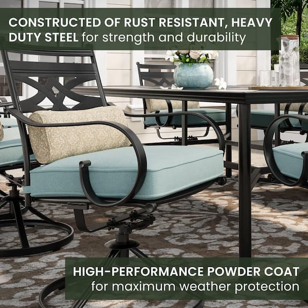 Montclair 11-Piece Steel Outdoor Dining Set with Ocean Blue Cushions, 10 Swivel Rockers and 60 in. x 84 in. Table