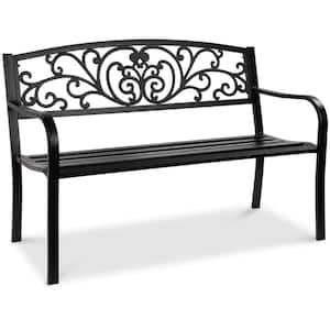 50 in. Metal Outdoor Bench with Floral Design Backrest and Slatted Seat for Garden, Black