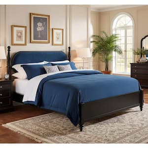 Farmhouse Black and Navy Blue Wood Frame Queen Size Platform Bed with Upholstered Headboard and Slat Support