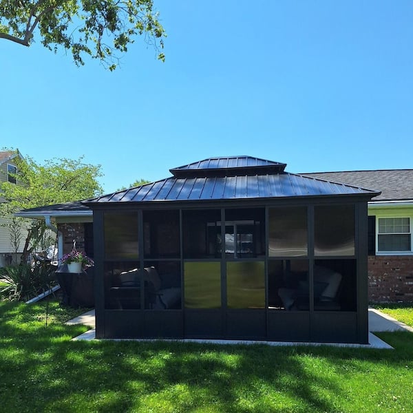 12 ft. x 14 ft. Sunroom Hardtop Gazebo Solarium Galvanized Steel Double Roof Aluminum Screen House Patio Backyard Gray