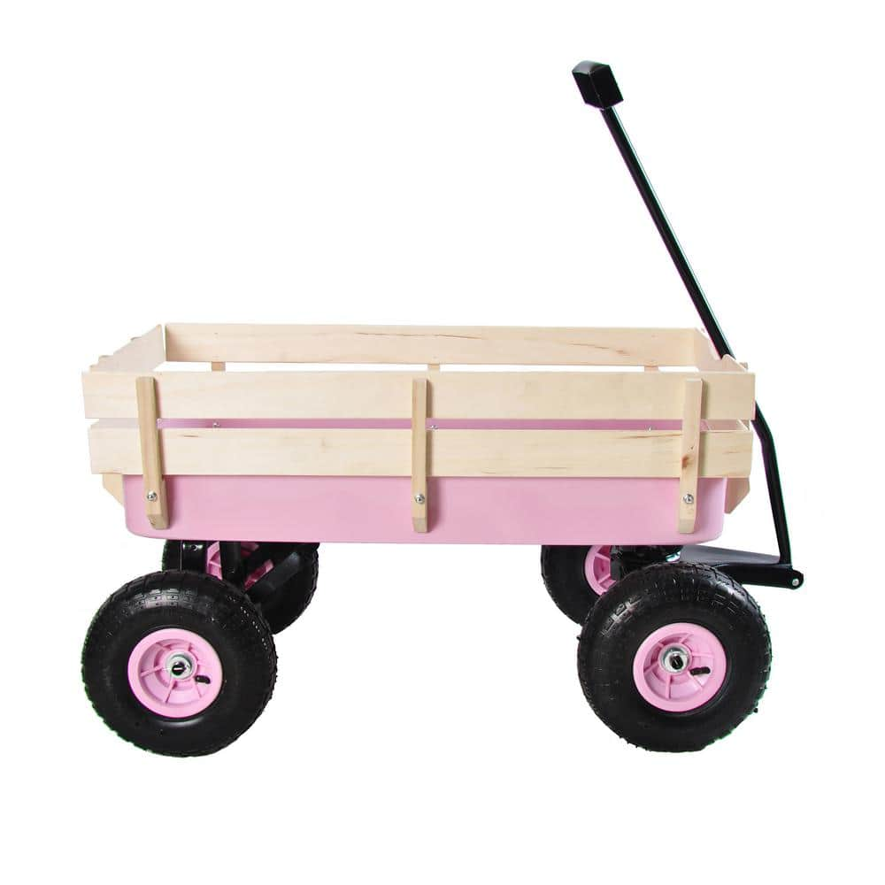 4.3 cu. ft. Wood Steel Pink Outdoor Wagon All Terrain Pulling Wood Railing Air Tires Kid Garden Cart -  Boosicavelly, BOQDXGDC04P