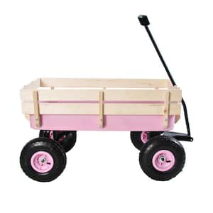 4.3 cu. ft. Wood Steel Pink Outdoor Wagon All Terrain Pulling Wood Railing Air Tires Kid Garden Cart