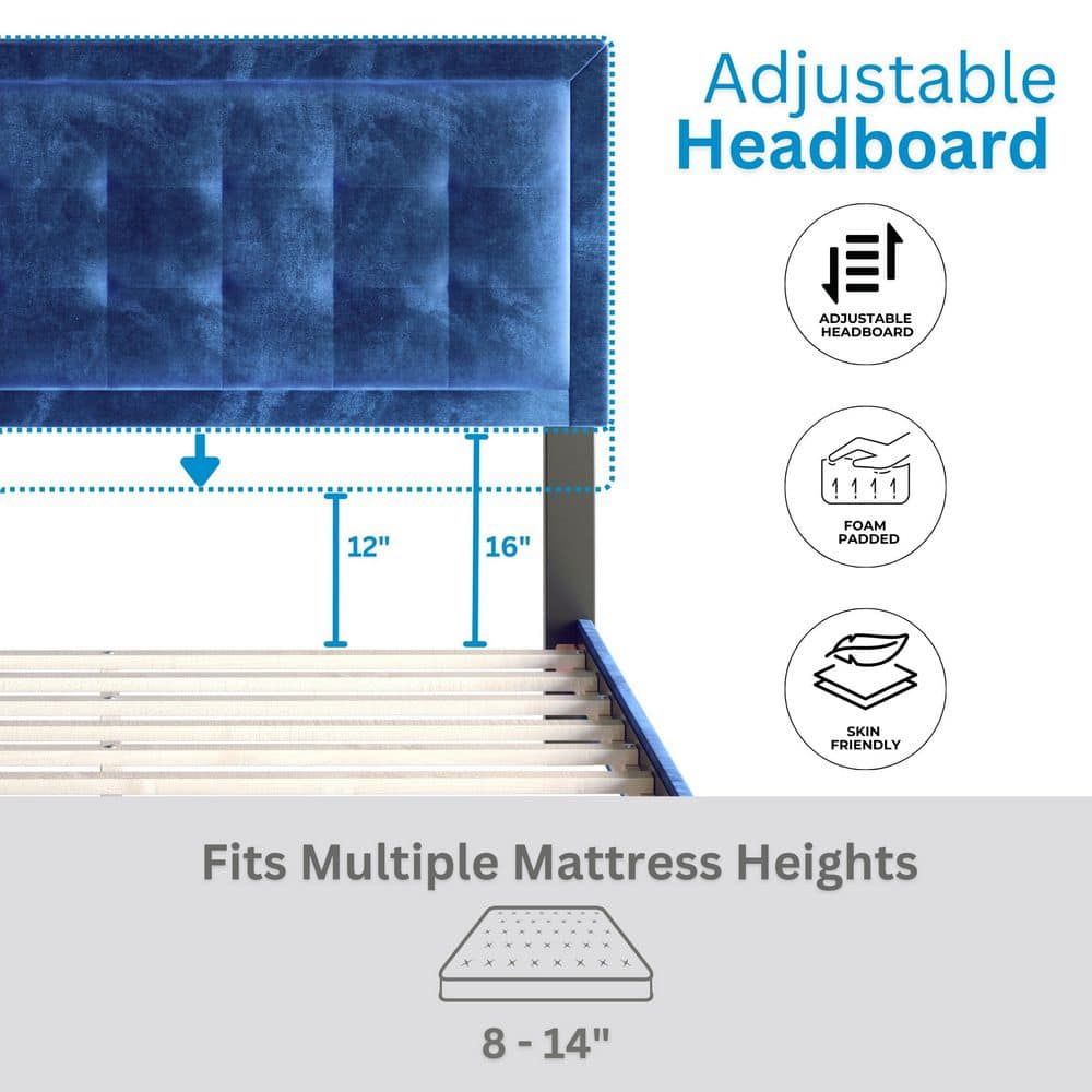 Sapphire Blue Velvet Full Platform Bed with Tufted Headboard