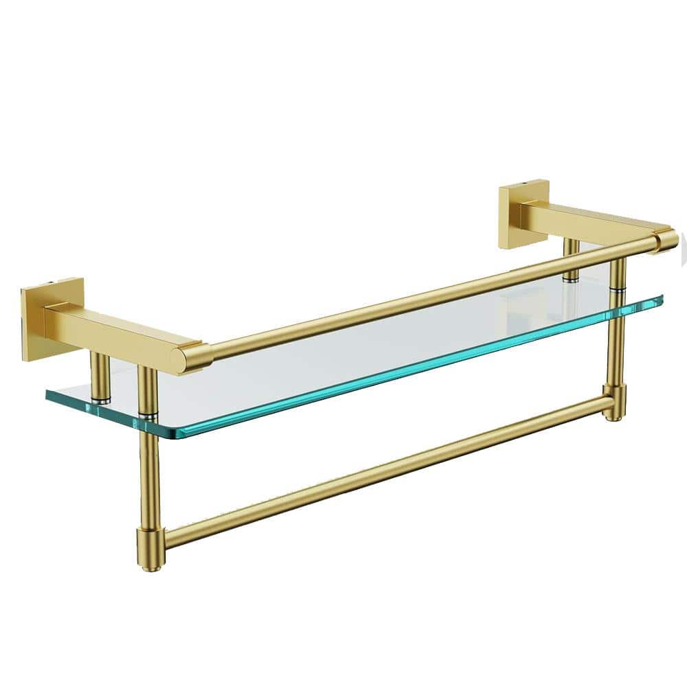 20 in. Brushed Gold Wall Mounted Bathroom Glass Shelf Towel Rack with Towel
