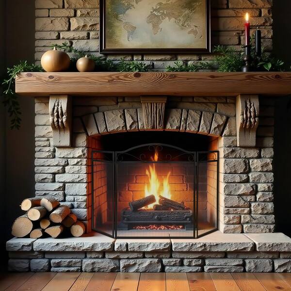 ENNA Black Arch Top 3-Panel Fireplace Screen with Scrolls S2535BK