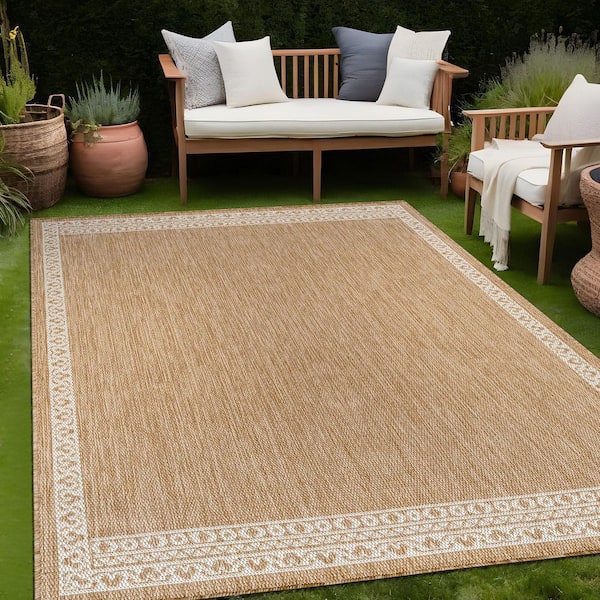 Frame Natural 9 ft. x 12 ft. Geometric Bordered Washable Indoor Outdoor Area Rug