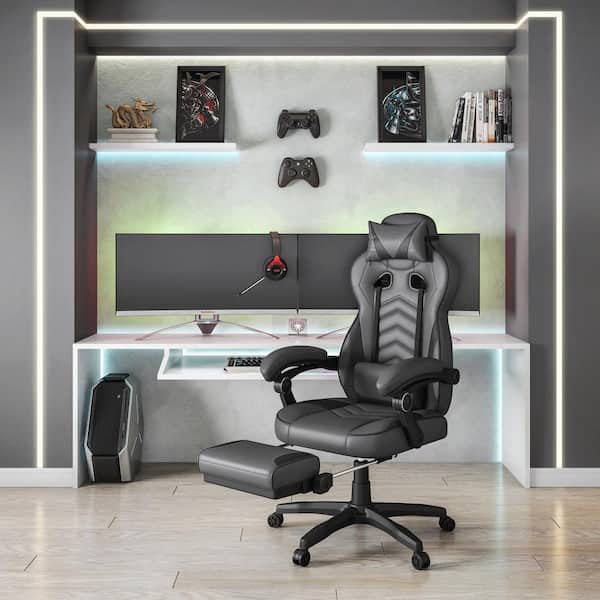 TECHNI MOBILI Faux Leather Reclining Ergonomic Executive Gaming Chair in Gray with Padded Arms and Footrest