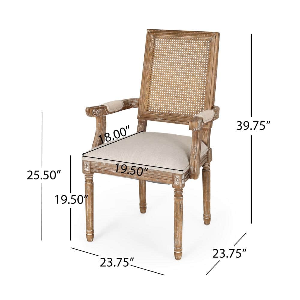 Beige Upholstered Wood and Cane Arm Chair Set