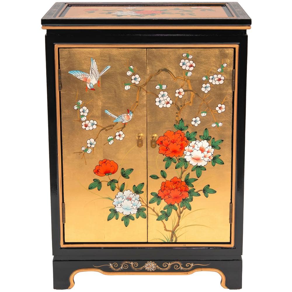 Gold Lacquered Wood Shoe Cabinet with Hand-Painted Garden Scene