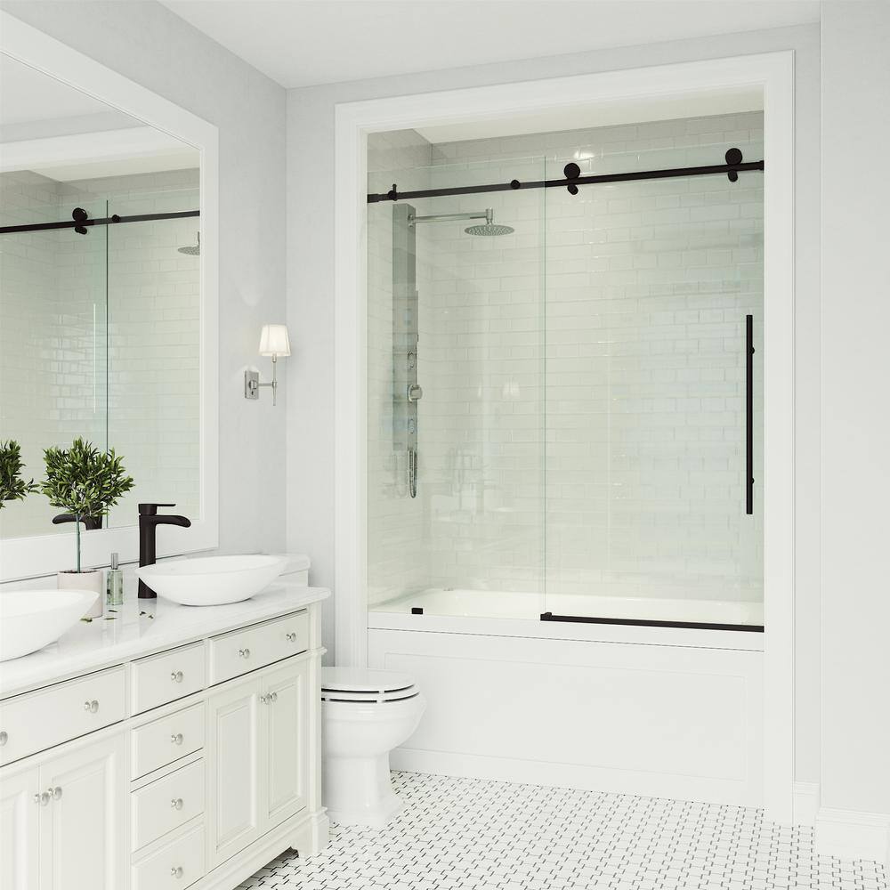 Matte Black Frameless Sliding Tub Door with Clear Glass