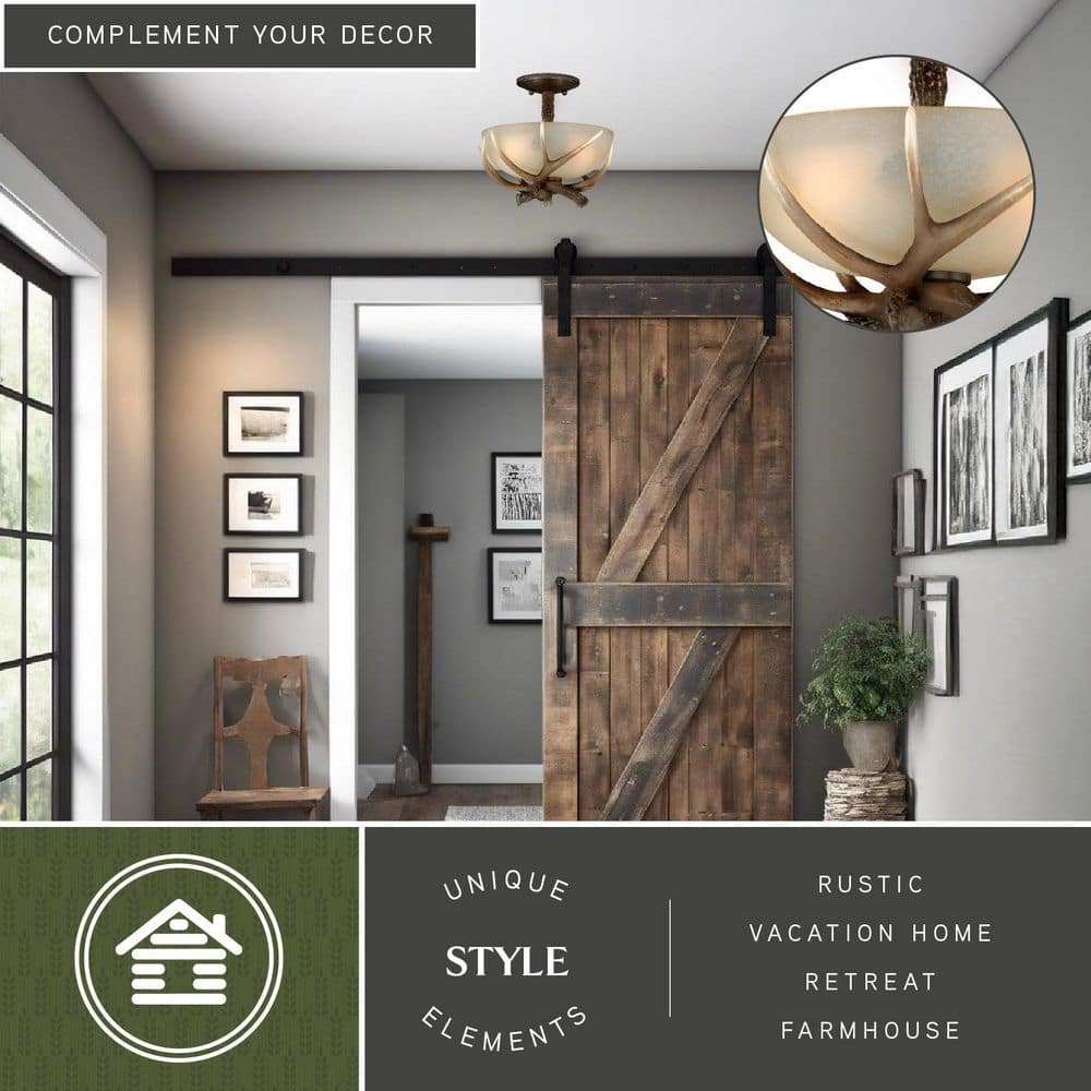 Rustic Antler 12" Black Walnut Semi-Flush Ceiling Light with Creme Glass