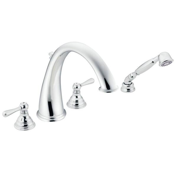 MOEN Kingsley 2-Handle Deck-Mount High-Arc Roman Tub Faucet Trim Kit with Hand Shower in Chrome (Valve Not Included)