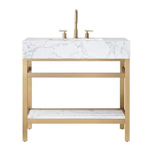 Ecija 36 in. W x 22 in. D x 33.9 in. H Single Sink Bath Vanity in Brushed Gold with White Stone Top