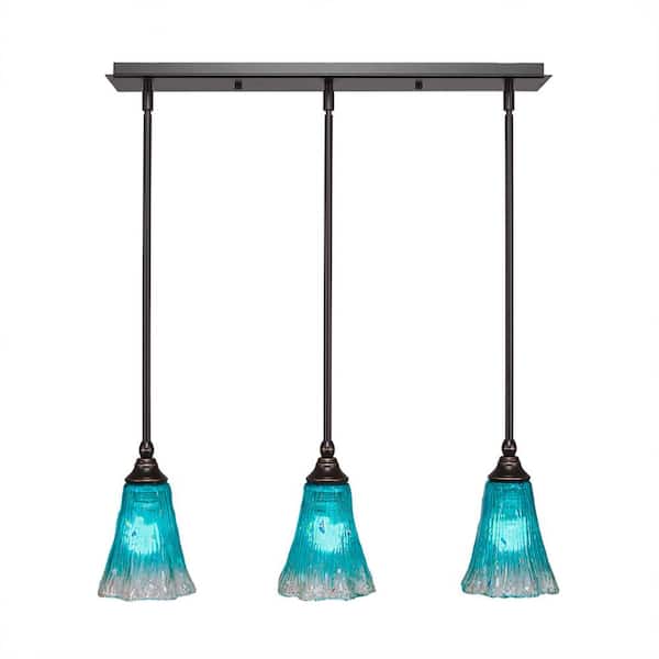 Unbranded Livingston 100-Watt 3 Light Dark Granite Linear Pendant Light with 5.5 in. Teal Crystal Glass Shades No Bulbs Included