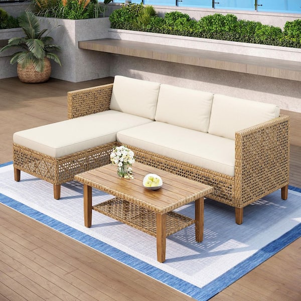 Brown 3-Piece Outdoor Wicker Patio Conversation Set with Beige Cushions