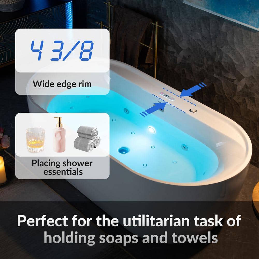 72" White Acrylic Freestanding Heated Whirlpool Tub