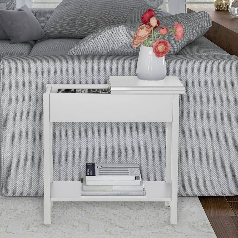 Lavish Home 24 in. White Hinged Flip-Top Side Table with Storage ...