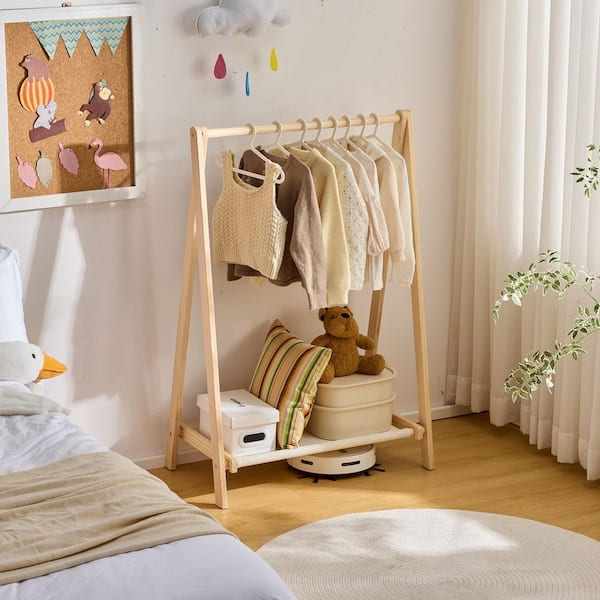 Beige Foldable Kids Clothing Rack Stand for Dress Up, Playroom, Nursery, Portable Hanging Organizer for Toddler/Pets