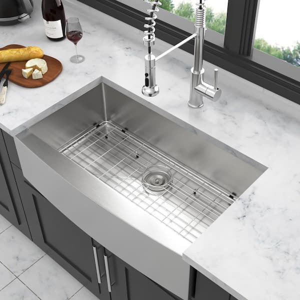 33 in. Farmhouse Single Bowl 16-Gauge Brushed Nickel Stainless Steel Kitchen Sink with Bottom Grids