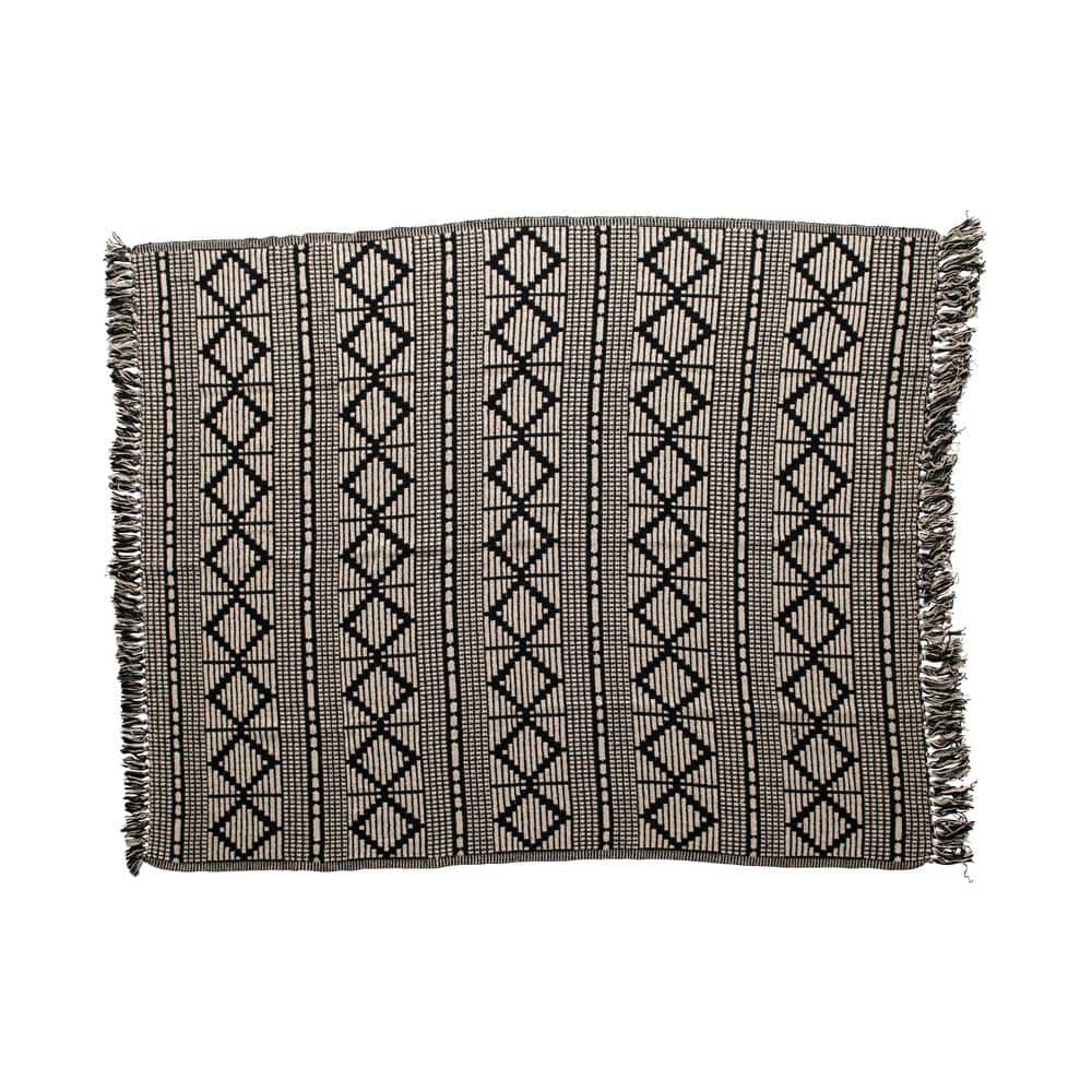 Bloomingville Black & Beige Diamond-Patterned Cotton Blend Throw with Fringe