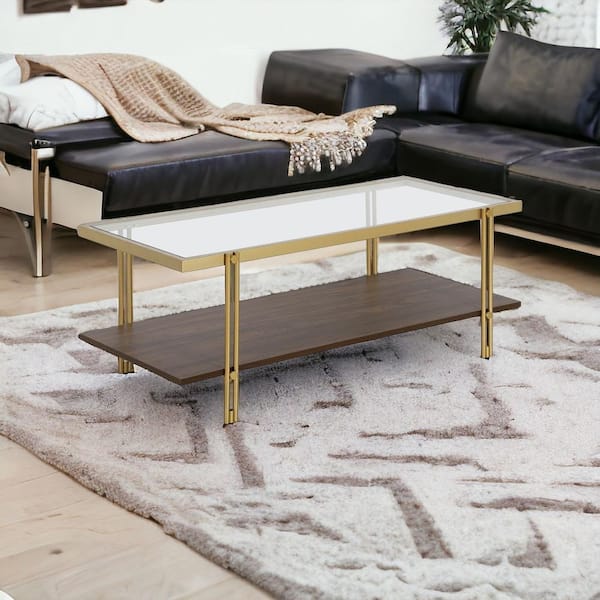 HomeRoots 45 in. Gold Rectangle Glass Coffee Table with Shelves Storage