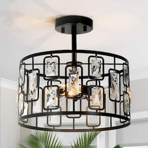 13 in. 3-Light Painted Black Drum Semi-Flush Mount Ceiling Light with Crystals