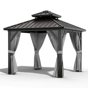 10 ft. x 10 ft. Double Roof Hardtop Gazebo for Patio with Galvanized Steel Roof, Gray Curtains and Netting