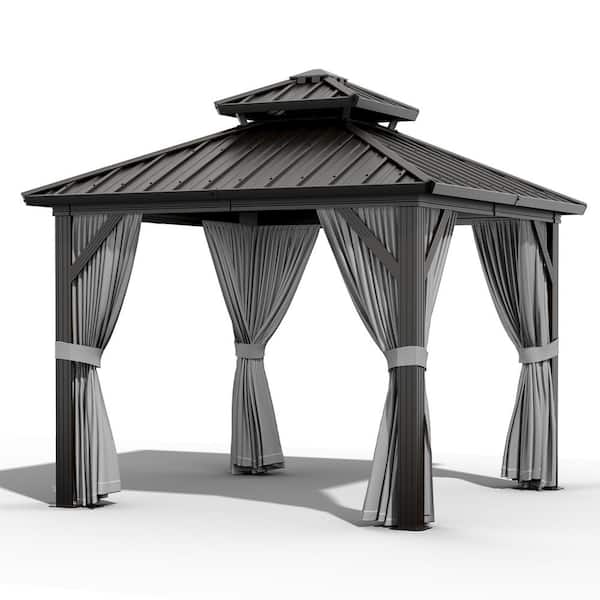 10 ft. x 10 ft. Double Roof Hardtop Gazebo for Patio with Galvanized Steel Roof, Gray Curtains and Netting