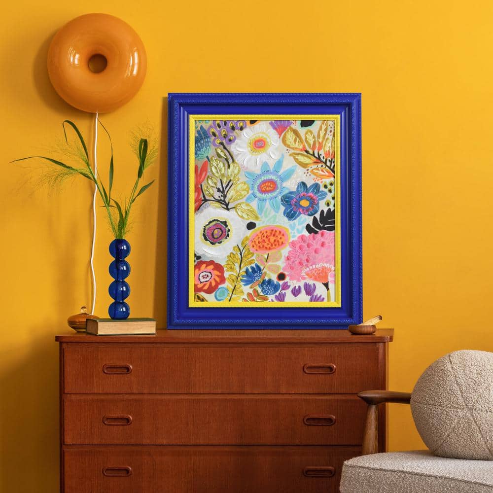 Vibrant Multicolor Floral Canvas Print with Blue and Yellow Frame
