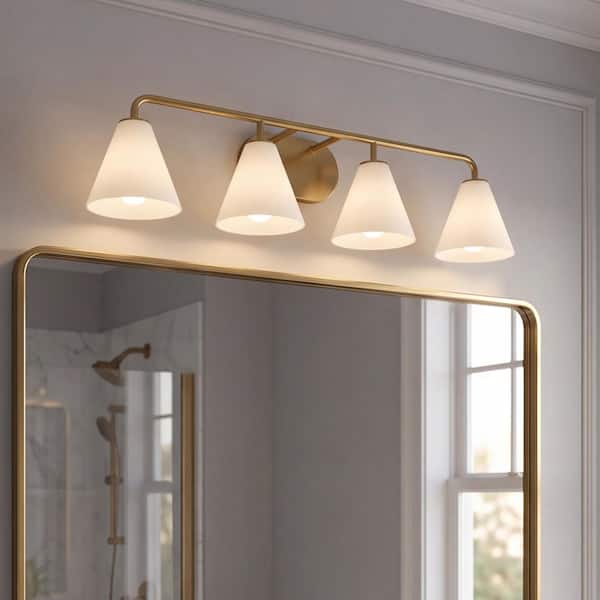 Blair 35 in. W x 8 in. H 4-Light Warm Brass Transitional Bathroom Vanity Light with White Strie Glass Shades