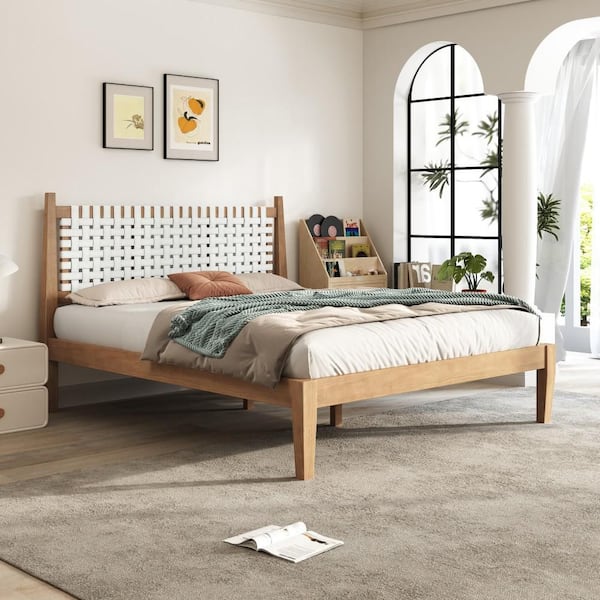 Natural Wood Frame Queen Platform Bed with Woven White Leather Back